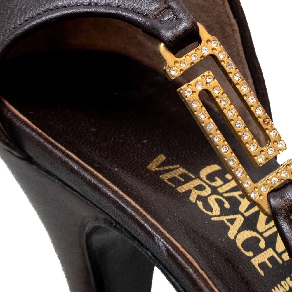 Gianni Versace Brown‎ Leather & PVC Peep-Toe Heels with Gold Medusa Logo Sz EU36